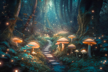 Fototapeta na wymiar Enchanted forest at night, with luminescent mushrooms and luminous particles floating around. Created with Generative AI technology.