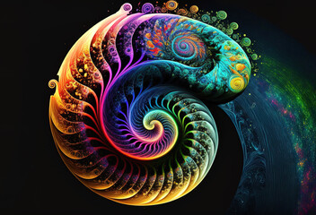 Colorful spiral, fantasy color swirls, surreal fractal, light fractal, vortex, symbol on dark background. Generative Ai.