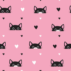 Abstract seamless pattern with cats and hearts. he with black cats for cloth, textiles, clothes, wallpaper, wrapping paper, backpacks, web