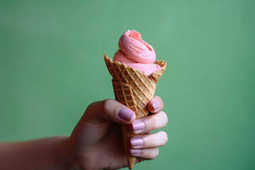 Woman hands holding soft serve ice cream waffle cone in hands isolated on green background