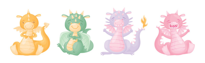 Cute Dragons as Horned and Winged Four-legged Creature from Fairytale Vector Set