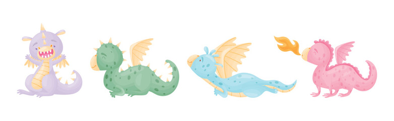 Cute Dragons as Horned and Winged Four-legged Creature from Fairytale Vector Set