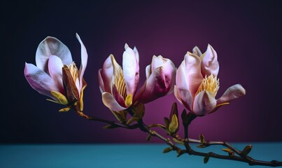  a branch with three flowers on a purple and blue background.  generative ai