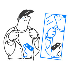 Man looks in the dressing room mirror