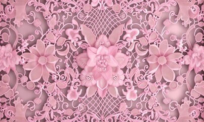  a pink lace with flowers on a pink background photo - art photo.  generative ai - obrazy, fototapety, plakaty
