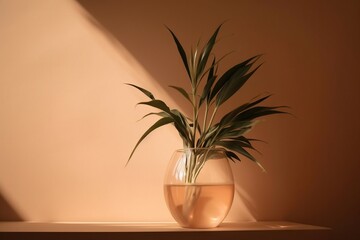 a plant in a glass vase on a shelf in a room.  generative ai