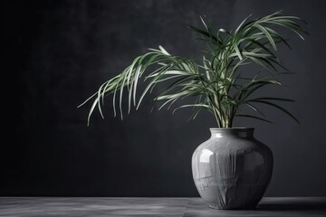  a plant in a vase on a table in a dark room.  generative ai