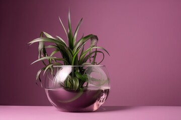  a glass vase with a plant in it on a table.  generative ai