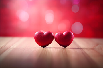 two red hearts sitting on top of a table