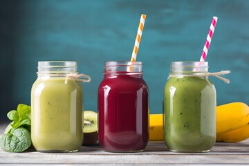 Summer colorful fruit smoothies in jars, generative ai