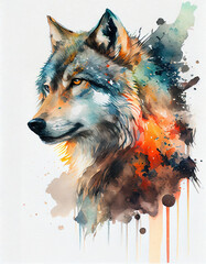 Watercolor portrait of a wolf. Generative AI