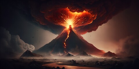 Volcano erupting, earthquake and natural disaster, huge smoke cloud and lava flows, fire in nature, generative ai illustration