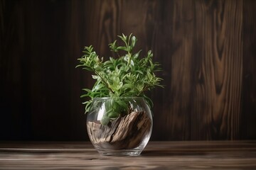  a plant in a glass vase on a wooden table with a dark background.  generative ai