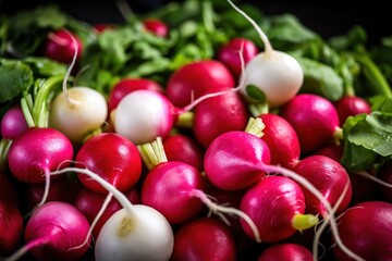  a pile of radishes and greens on a table.  generative ai
