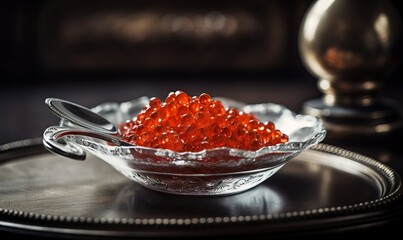  a glass bowl filled with red beads on top of a metal tray.  generative ai