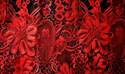  a red lace curtain with a flower design on the side.  generative ai
