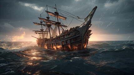 Obraz premium pirates ship burning in open sea, night scene with reflection , created using AI tools