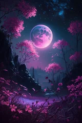 Foto op Plexiglas Fantasy landscape with pink moon and fairy garden, generative ai © inspiretta