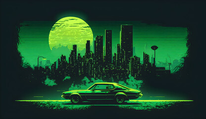 Fototapeta na wymiar skyscrapers in green colors. Retro style vector image in minimalism and neon watercolor