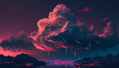 Retro 80s pink landscape sky clouds . Creative illustration. (Ai Generate)