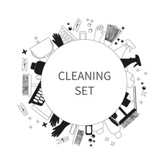 Maid service Cleaning set. Housework, cleaning vector equipment with round frame on white background. Set of vector design elements for spring house cleaning arranged in a circle. Black and white. 