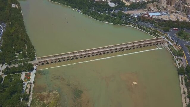 Isfahan, Iran - Khaju bridge over Zayandeh river (aerial photography)