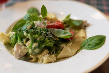 Delicious italian pasta with chicken, sauce and fresh basil on a plate. Traditionall food for dinner in restaurant. Close up.