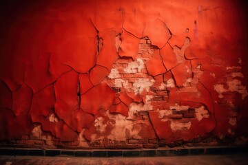  a red brick wall with cracks and paint peeling off of it.  generative ai