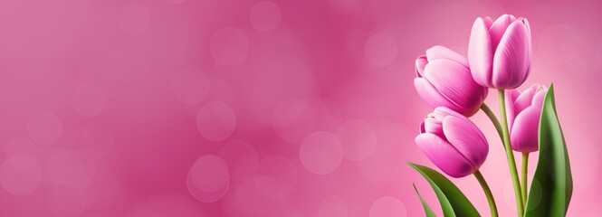Pink tulips on pink background. Illustration banner. Generative AI