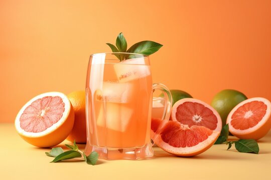  grapefruit, grapefruit, and oranges on a yellow background.  generative ai