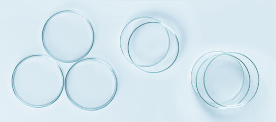 Set of Petri dishes made of blue glass. On a blue background.
