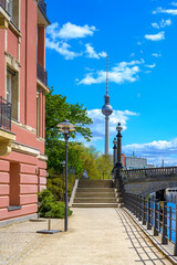 Scene on the edge of the Spree River with a view of the TV Tower in downtown Berlin, Germany.