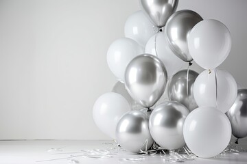 Silver and white balloons on a light background. For greeting cards or background.