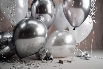 Silver and white balloons on a light background. For greeting cards or background.