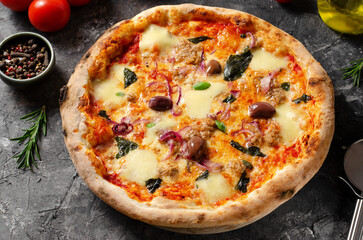 Tuna Pizza, Freshly Baked Pizza with Tuna, Mozzarella, Onion, Basil and Olives on Dark Background