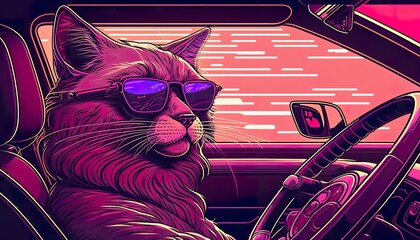 Cat with sunglasses driving synthwave . Creative illustration. (Ai Generate)