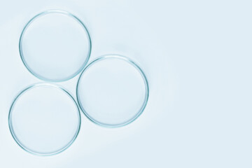 Set of Petri dishes made of blue glass. On a blue background.