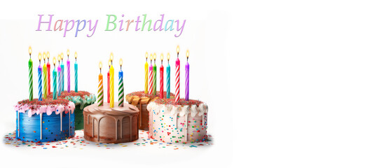 birthday cakes with candles isolated on white and copy space, generative ai