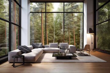 Interior design - Living room with large bay windows overlooking the forest - Ai generative