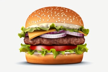beef burger with cheese and vegetables isolated on white, generative ai