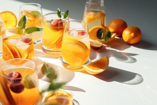 a table topped with glasses filled with oranges and drinks.  generative ai