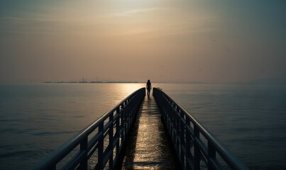  a person standing on a pier looking out at the ocean.  generative ai