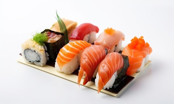  a plate of assorted sushi on a white background.  generative ai