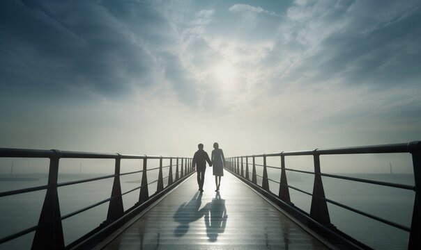  a couple of people walking across a bridge over a body of water.  generative ai