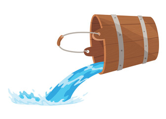 Wooden bucket with water and handle. Container with flowing water for spa, sauna. Liquid pouring with splash. Vector illustration isolated on white background © the8monkey