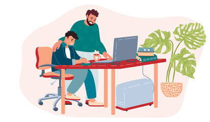 Fototapeta na wymiar Parent helps son with homework.Characters are sitting at the table with a computer,books,tea cup,houseplant.Vector flat style cartoon illustration isolated on white.Education and guidance concept.