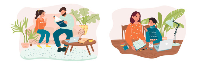 Parents helps son and daughter with homework.Characters are sitting at the table with laptop,lamp,book,houseplant.Set of vector flat cartoon illustrations on white.Education and guidance concept.