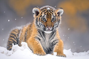 Obraz premium a cute baby tiger is playing in the snow. Generative AI