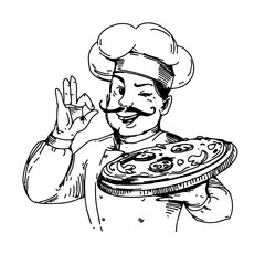 Smiling chef in a uniform, with moustache, vintage cook with pizza. Line art drawing, black and white hand drawn illustration, design for pizzeria.
