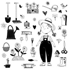 Gardening tools set, flowers, pot, plants and nice gardener girl. Cute simple hand drawn illustration, vintage line art stickers set isolated on a wh5ite background.